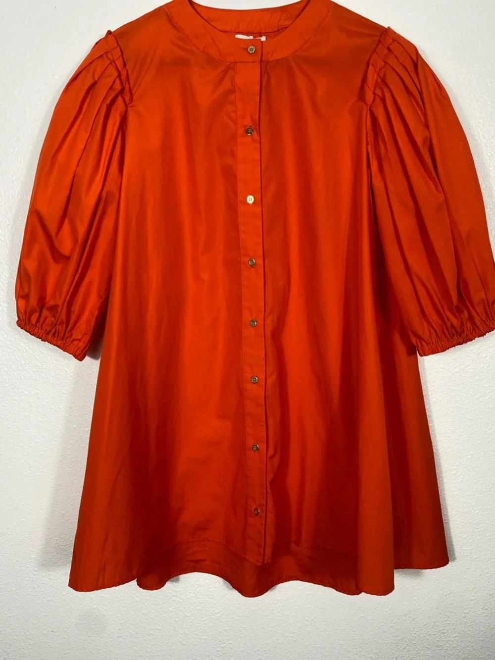 Button-Front Puff-Sleeve Mini Dress in Bold Orange Size 38